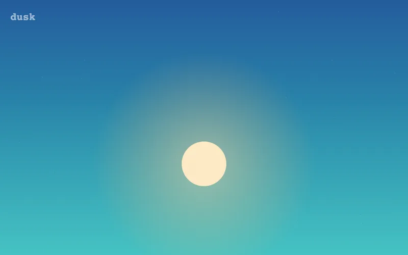 藍色與青綠色的黃昏天空,有一輪淡色的月亮,角落寫著 dusk。