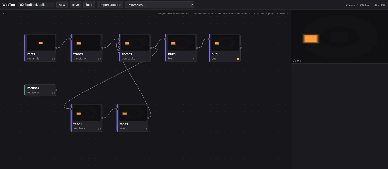WebToe 編輯器裡的範例 02 feedback trails：rectangle、transform、composite、blur、out 幾個運算子，另有一組 feedback 和 level 繞回 composite。