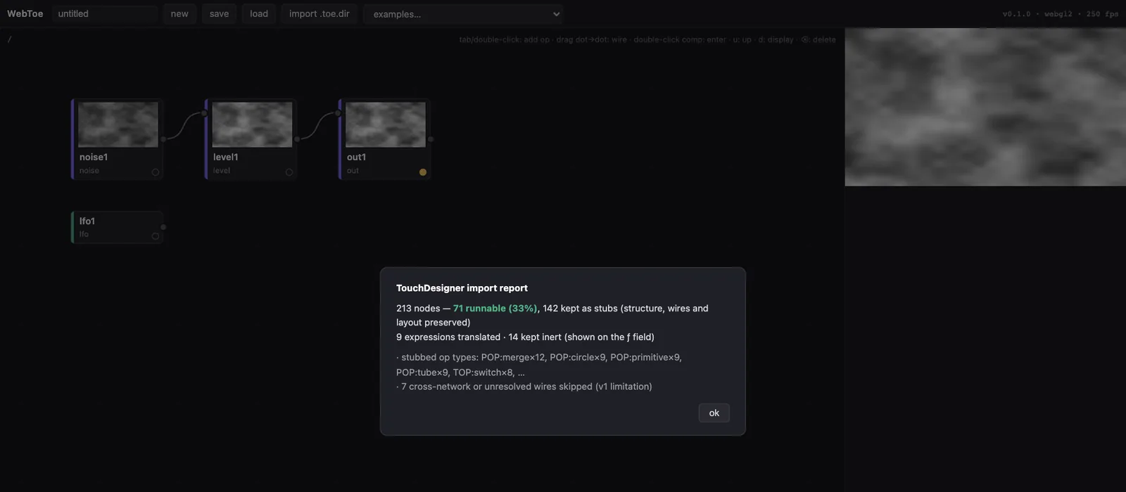 WebToe 匯入一個 213 個節點的正式專案後的 TouchDesigner 匯入報告：71 個節點能跑，142 個留成替身，9 條算式完成轉換。